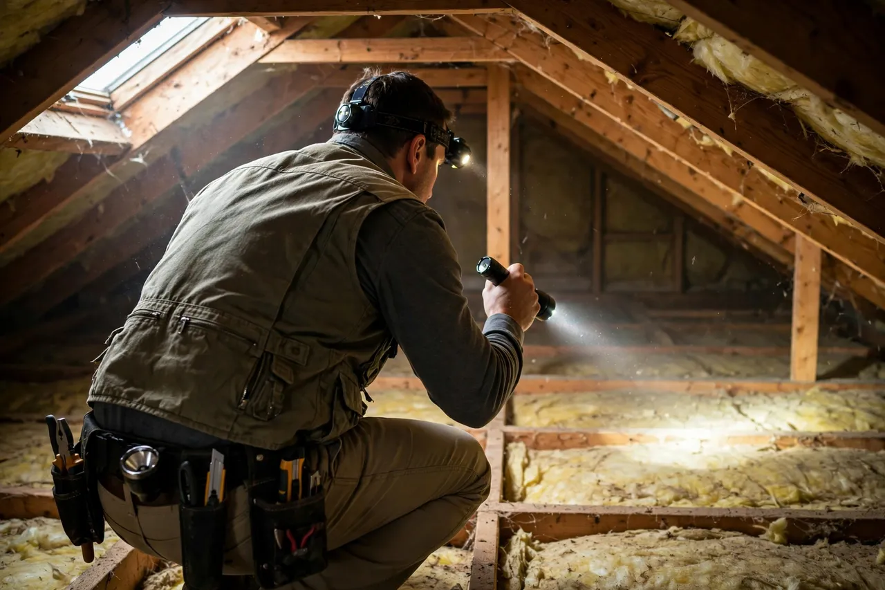 About Provo Rodent Pros | Provo, UT: technician inspecting an attic with a headlamp and flashlight