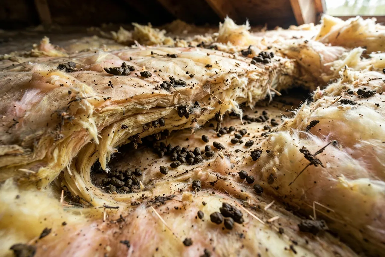 Rodent Damage Cleanup in Provo, UT: attic insulation contaminated with rodent droppings and tunneling