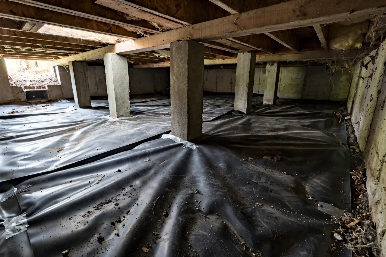 Inside a home crawl space with vapor barrier and piers — Urine Contamination Cleanup in Provo, UT | Rodent Pros