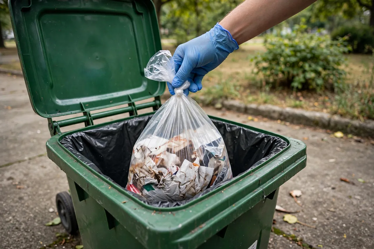 Gloved technician placing a sealed bag into an outdoor bin — Rodent Damage Cleanup in Provo, UT